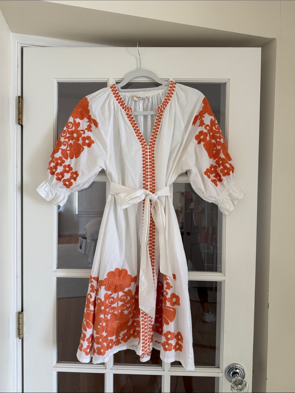 Julia Amory White Midi Dress with Orange Floral Embroidery and Self-Tie Waist